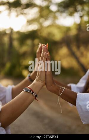 Madre e figlia che toccano le mani nella foresta Foto Stock