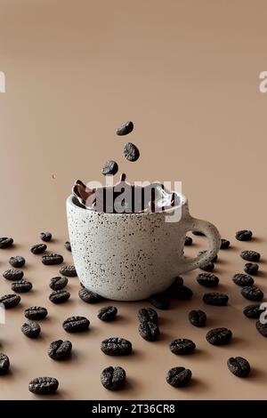 Rendering 3D dei chicchi di caffè che cadono nella tazza di caffè Foto Stock