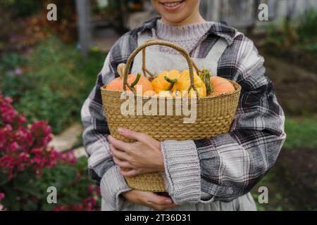 Contadino che porta cesto di zucche all'azienda agricola Foto Stock