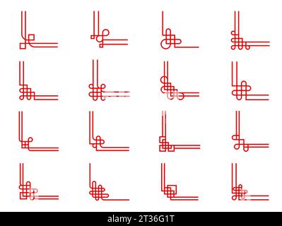 Angoli con nodo cinese orientale rosso. Confini della cornice asiatica cinese, giapponese e coreana. Angoli vettoriali per ornamenti di linee cinesi con elementi geometrici e loop quadrati, bordi ininterrotti con pattern di nodi Illustrazione Vettoriale