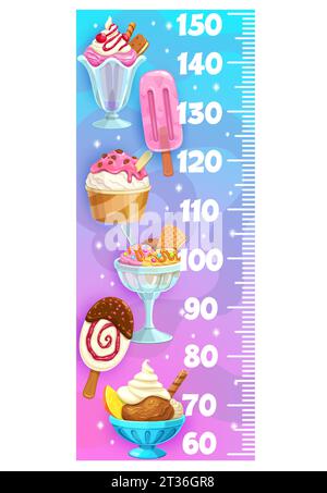 Righello di misurazione dell'altezza per bambini con gelato cartoni animati, cono di vaniglia, misuratore di crescita vettoriale. Gelato al sundae e bastoncino di cioccolato, cucchiai di vaniglia in un cono cialde su un righello alto Illustrazione Vettoriale