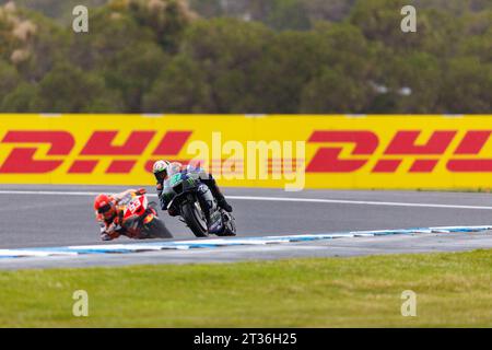 22 ottobre 2023; Phillip Island Grand Prix Circuit, Ventnor, Victoria, Australia; 2023 MotoGP Guru by Gryfyn Australian Motorcycle Grand Prix, Sprint Race Day; Franco Morbidelli, Marc Marquez durante il warm up della gara australiana MotoGP Sprint, che è stata debitamente annullata a causa della forte pioggia Foto Stock