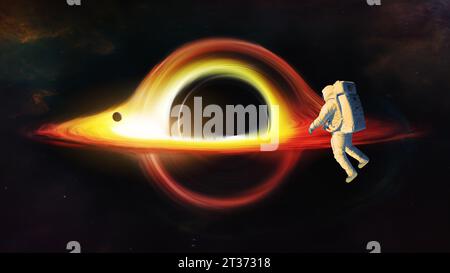 L'astronauta guarda il buco nero e l'orizzonte degli eventi. Elementi di questa immagine forniti dalla NASA. Foto Stock