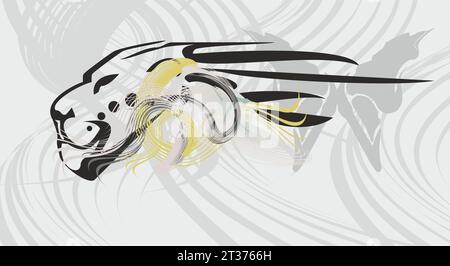 Testa di leone su sfondo grigio ondulato per tessuti o tessuti. Profilo leone personaggio per poster o sfondi, tessuti, moda, stampe, interni Foto Stock