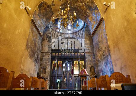 Grandangolo, chiesa interna, icone, volta a tunnel, pareti ocra, lampadario, muro d'altare, file di sedie, Myriokephala, monastero ortodosso, Creta Foto Stock