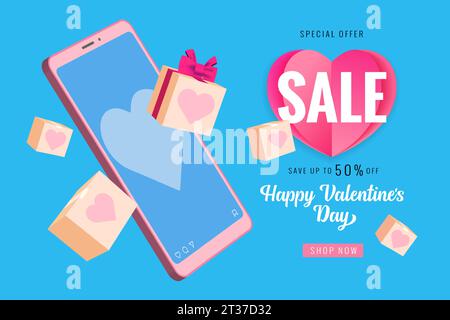 Banner di San Valentino con sconti fino al 50%, smartphone e scatole regalo Love. Schermo del telefono con cuore, interfaccia di social network e icone utente Illustrazione Vettoriale