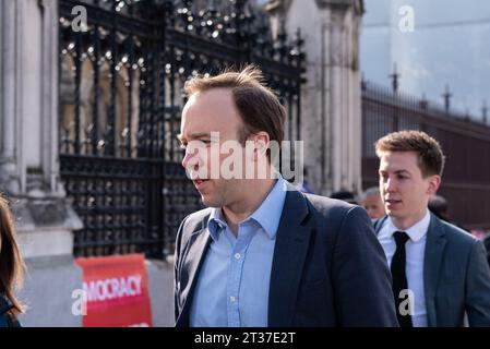 MP conservatore Matt Hancock arrivando al Palazzo di Westminster, Londra, Regno Unito il 29 marzo 2019, la data che dovrebbe avere visto il Regno Unito lasciare la UE Foto Stock