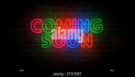 Simbolo neon in arrivo. Vendita commerciale promozione lampadine di colore chiaro. Illustrazione 3d del concetto astratto. Foto Stock