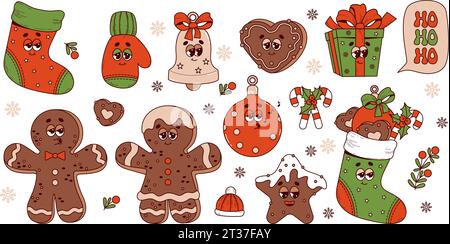 Personaggi dei cartoni animati retrò natalizi. Gingerbread man, calzino di Natale, guanto, palla, campana, regali e altro ancora. set di adesivi vibes anni '60 e '70 in groovy hippie street Illustrazione Vettoriale