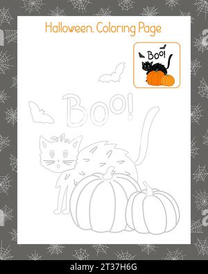 Halloween, scena natalizia di gatto, pipistrello, zucche, boo pagina di colorazione tradizionale con immagini campione illustrazione vettoriale, vacanze autunnali l Illustrazione Vettoriale