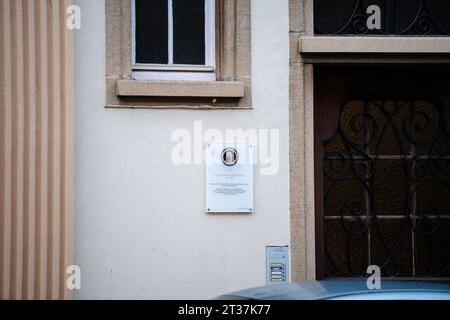 Strasburgo, Francia - 22 novembre 2023: Una lapide commemorativa per Auguste Cammissar, il famoso pittore alsaziano, abbellisce l'ingresso di un edificio a Strasburgo, in Alsazia, rendendo omaggio ai suoi contributi artistici Foto Stock