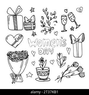 Cartoni animati graziosi doodles disegnati a mano per la giornata delle donne. Illustrazione dettagliata di schizzo. Molti oggetti sullo sfondo. Illustrazione Vettoriale