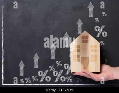 Una mano tiene una casa di legno sullo sfondo di un grafico con indicatori in crescita, il concetto di aumento dei prezzi delle abitazioni, affitto elevato e un aumento i Foto Stock
