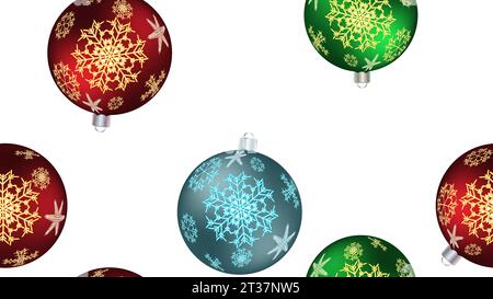 Splendida texture natalizia invernale, confezione regalo un motivo senza cuciture per il nuovo anno, con palline rotonde multicolori e decorazioni sull'albero di Natale Illustrazione Vettoriale