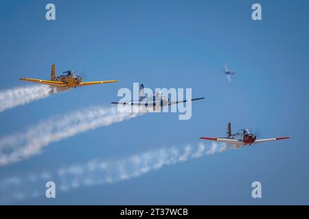 Miramar, California, USA - 23 settembre 2023: Tre T-34 Mentors, parte della dimostrazione Warbirds Over Miramar, all'America's Airshow 2023. Foto Stock