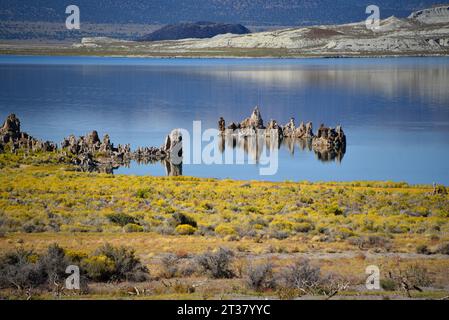 Una splendida vista panoramica autunnale di grandi dimensioni di tufo, montagna e riflessi del cielo nel lago Mono, California. Foto Stock