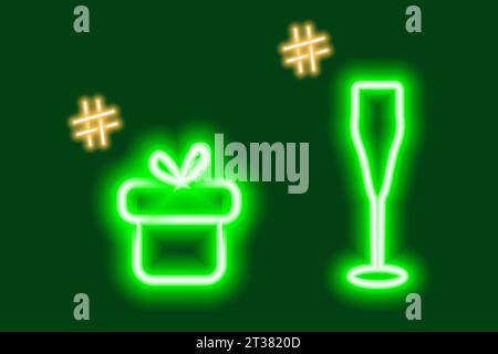 2 icone luminose al neon della confezione regalo e del bicchiere da vino con hashtag. Concetto di congratulazioni o ricerca. Vettore per poster, banner, brochure, cartelloni pubblicitari, biglietti di auguri o di invito, prezzo, etichetta o Web Illustrazione Vettoriale