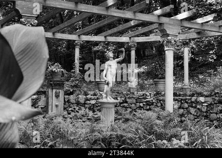 Codman Farm - Lincoln, Massachusetts 2023 - Una classica statua di pietre bianche su un uomo e un bambino greco su un pilastro sotto un grande traliccio d'uva con felce Foto Stock