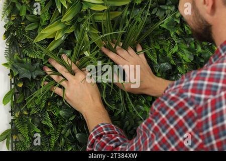 Uomo che installa un pannello verde per piante artificiali, primo piano Foto Stock