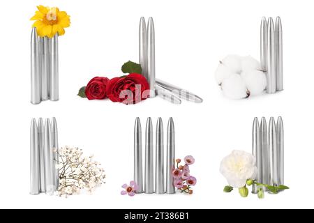 Set di proiettili e bellissimi fiori isolati su bianco Foto Stock