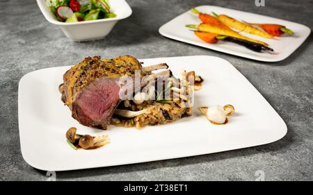 Vista angolare di agnello placcato con carote, riso selvatico e insalata Foto Stock