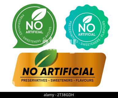 Nessun conservante artificiale dolcificante sapore oro foglie verdi simbolo timbro etichetta simbolo adesivo imballaggio Illustrazione Vettoriale