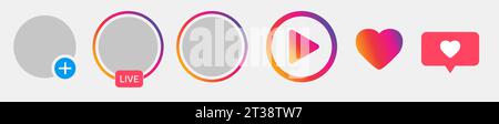 Set avatar online sui social media, icona utente, storie, video LIVE, streaming, icone colorate sfumate, logo, simbolo, segno Illustrazione Vettoriale