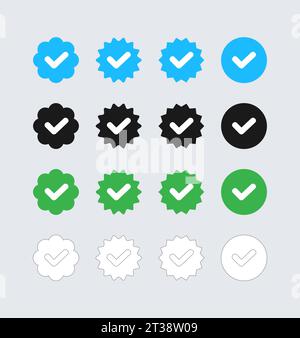 Verifica profilo, distintivo verificato, set di icona verifica per account social media, segno di spunta approvato, segno di spunta, accetta icone in blu, nero, verde e. Illustrazione Vettoriale