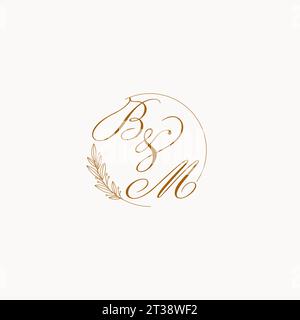 Logo monogramma BM wedding con foglie ed elegante grafica vettoriale con linee circolari Illustrazione Vettoriale