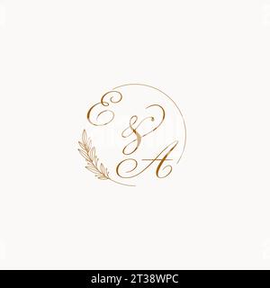 Logo monogramma EA wedding con foglie ed elegante grafica vettoriale con linee circolari Illustrazione Vettoriale