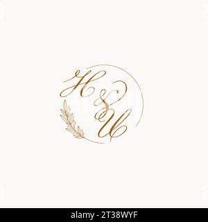 Iniziali logo monogramma di nozze HU con foglie ed elegante grafica vettoriale con linee circolari Illustrazione Vettoriale