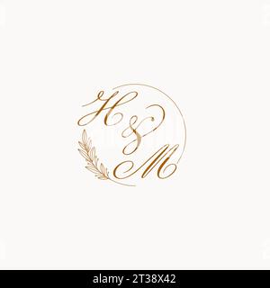 Logo monogramma nozze HM iniziali con foglie ed eleganti linee circolari grafica vettoriale Illustrazione Vettoriale