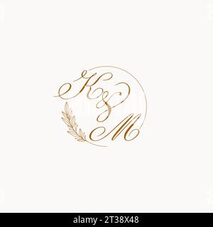 Logo monogramma con iniziali KM nuziali con foglie ed eleganti linee circolari grafica vettoriale Illustrazione Vettoriale