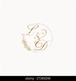 Logo monogramma nozze LD con foglie ed eleganti linee circolari grafica vettoriale Illustrazione Vettoriale