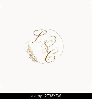 Logo monogramma nuziale LC con foglie ed elegante grafica vettoriale con linee circolari Illustrazione Vettoriale