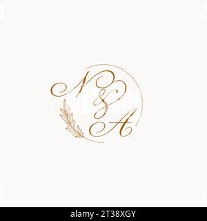 Logo monogramma nozze con iniziali NA con foglie ed elegante grafica vettoriale con linee circolari Illustrazione Vettoriale