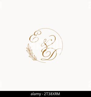 Logo monogramma di nozze ed iniziali con foglie ed eleganti linee circolari grafica vettoriale Illustrazione Vettoriale