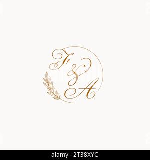 Logo monogramma fa wedding con foglie ed eleganti linee circolari Illustrazione Vettoriale