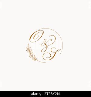 Logo con monogramma nuziale Initials OS con foglie ed eleganti linee circolari grafica vettoriale Illustrazione Vettoriale