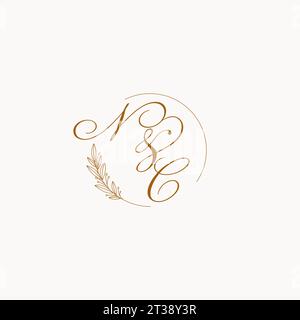 Logo monogramma nuziale NC con foglie ed eleganti linee circolari grafica vettoriale Illustrazione Vettoriale