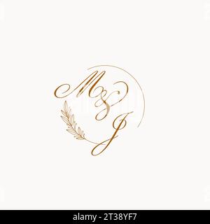 Iniziali logo monogramma MJ nuziale con foglie ed eleganti linee circolari grafica vettoriale Illustrazione Vettoriale