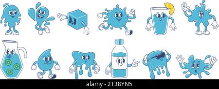 Mascotte d'acqua per cartoni animati. Bevanda fresca in bottiglia, caraffa e bicchiere. Schizzi d'acqua e gocciolamenti. Divertente set di illustrazioni vettoriali liquide Illustrazione Vettoriale