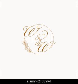 Iniziali logo WW con monogramma nuziale con foglie ed elegante grafica vettoriale con linee circolari Illustrazione Vettoriale