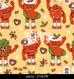 Motivo Groovy Hippie Christmas senza cuciture. I personaggi dei fumetti dei cartoni animati retrò regalano, calza, pallina e tazza di cacao su sfondo giallo. Natale e Happy New y Illustrazione Vettoriale