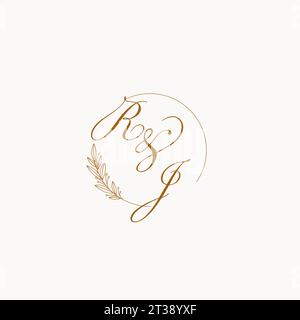 Iniziali logo RJ Wedding monogram con foglie ed eleganti linee circolari grafica vettoriale Illustrazione Vettoriale