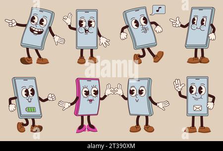 Mascotte per smartphone Cartoon. Personaggi del telefono cellulare, divertente schermo dei gadget con grafica animata anni '1930, mani e gambe con tubo flessibile in gomma e illustrazioni vettoriali Illustrazione Vettoriale