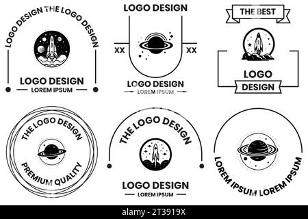 logo astronauta e pianeta in stile grafico a linea piatta isolato sullo sfondo Illustrazione Vettoriale