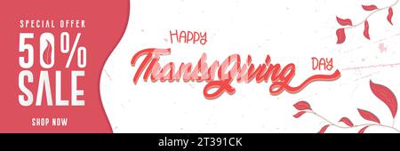 Poster in offerta speciale orizzontale Happy Thanksgiving Day con design rosso e bianco e illustrazione vettoriale. Illustrazione Vettoriale