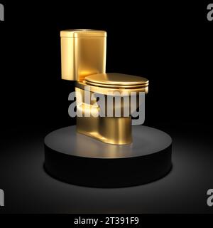 wc in metallo dorato su piedistallo nero, sfondo scuro. rendering 3d. Foto Stock