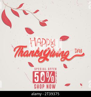 Offerta Happy Thanksgiving Day, poster autunnale con disegno a caduta e illustrazione vettoriale. Illustrazione Vettoriale